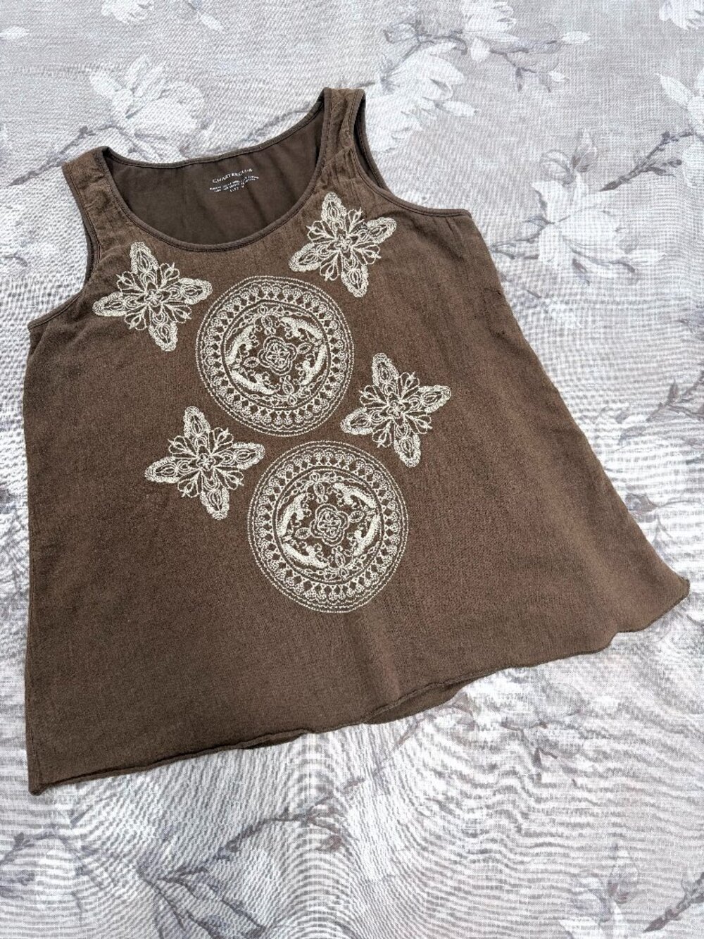 Charter Club Brown Embroidered Boho Layered Tank Top Medium Gauze Cotton - Picture 3 of 16